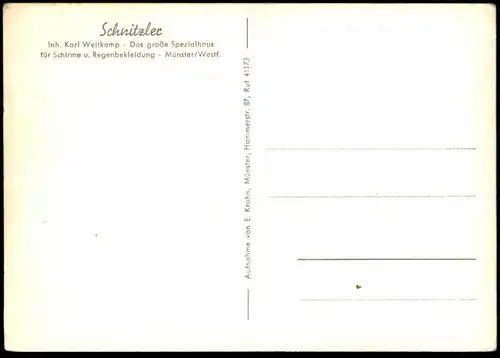 ÄLTERE POSTKARTE MÜNSTER WESTFALEN SCHNITZLER SPEZIALHAUS FÜR SCHIRME  & REGENBEKLEIDUNG K. WEITKAMP umbrella parapluie
