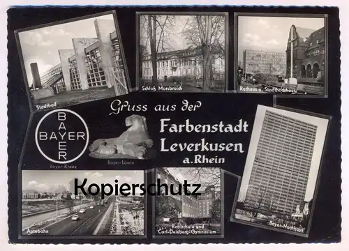 ÄLTERE POSTKARTE GRUSS AUS DER FARBENSTADT LEVERKUSEN AM RHEIN CARL DUISBERG GYMNASIUM STADTBAD MORSBROICH AUTOBAHN AK