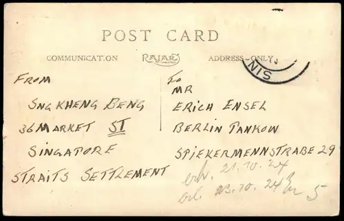 ALTE POSTKARTE SINGAPUR 1924 SINGAPORE Ansichtskarte AK cpa postcard