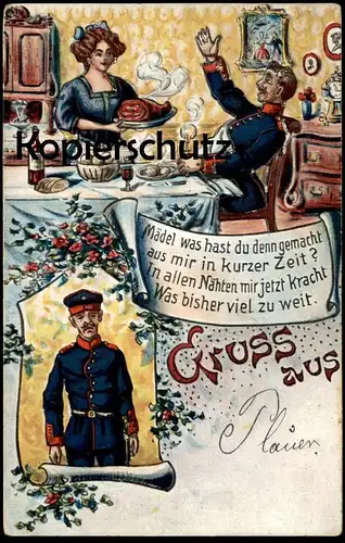 ALTE LITHO POSTKARTE GRUSS AUS PLAUEN SOLDAT HUMOR MÄDEL WAS HAST DU DENN GEMACHT AUS MIR ESSEN Hausfrau Ansichtskarte