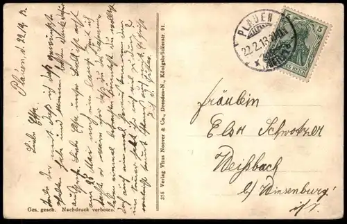 ALTE LITHO POSTKARTE GRUSS AUS PLAUEN SOLDAT HUMOR MÄDEL WAS HAST DU DENN GEMACHT AUS MIR ESSEN Hausfrau Ansichtskarte