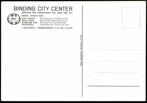 ÄLTERE POSTKARTE STUTTGART BINDING CITY CENTER CANDLELIGHT CLUB PILS-FASS-BAR KLEIN AMERIKA HAXEN KELLER Ansichtskarte