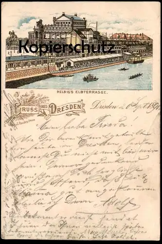 ALTE LITHO POSTKARTE GRUSS AUS DRESDEN 1891 HELBIG'S ELBTERRASSE TERRASSE Ansichtskarte AK cpa postcard