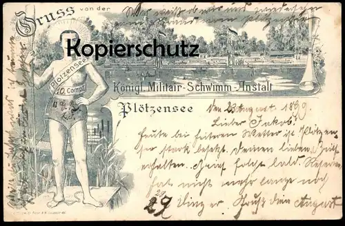 ALTE LITHO POSTKARTE GRUSS VON DER KÖNIGLICHEN MILITÄR-SCHWIMMANSTALT PLÖTZENSEE BERLIN Mann man boy semi nude cpa AK