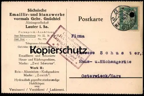 ALTE FIRMEN POSTKARTE EMAILLIER- UND STANZWERKE VORM. GNÜCHTEL LAUTERSACHSEN LAUTER BERNSBACH VERTRETER STRENGE LEIPZIG