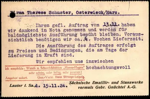 ALTE FIRMEN POSTKARTE EMAILLIER- UND STANZWERKE VORM. GNÜCHTEL LAUTERSACHSEN LAUTER BERNSBACH VERTRETER STRENGE LEIPZIG