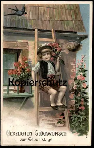 ALTE PRÄGE POSTKARTE HERZLICHEN GLÜCKWUNSCH ZUM GEBURTSTAG JUNGE AUF EINER LEITER MIT VOGELNEST KIND Nest nid boy bird