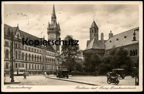 ALTE POSTKARTE BRAUNSCHWEIG RATHAUS MIT BURG DANKWARDERODE MOTORRAD motorbike moto Tram Ansichtskarte AK cpa postcard