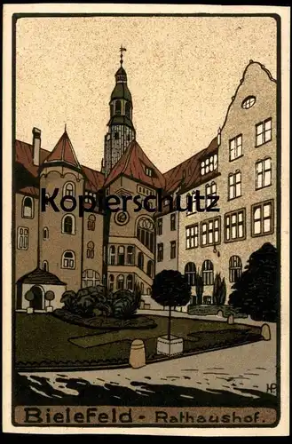 ALTE POSTKARTE KÜNSTLERSTEINZEICHNUNG STEINDRUCK BIELEFELD RATHAUSHOF STEINZEICHNUNG RATHAUS Ansichtskarte postcard cpa