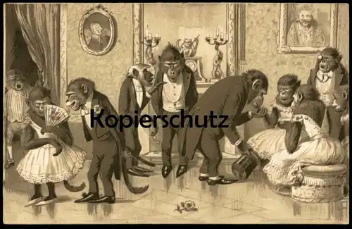 ALTE POSTKARTE AFFEN VERMENSCHLICHT AFFE GESELLSCHAFT HANDKUSS ZYLINDER monkey ape singe postcard cpa AK Ansichtskarte