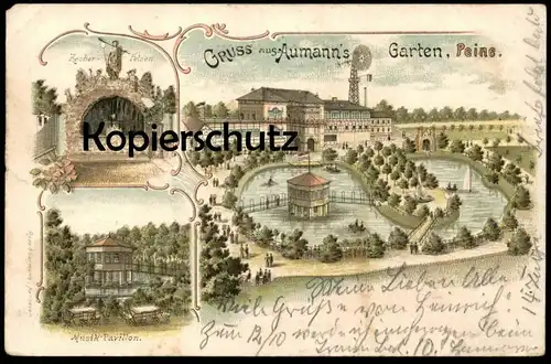 ALTE LITHO POSTKARTE GRUSS AUS AUMANN'S GARTEN PEINE ZECHER-FELSEN MUSIK-PAVILLON Ansichtskarte postcard cpa AK