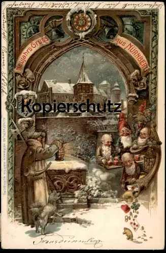 ALTE WINTER LITHO PRÄGE POSTKARTE NEUJAHRS-GRUSS AUS NÜRNBERG ZWERGE Zwerg nain midget dwarfs Neujahr Nachtwächter AK