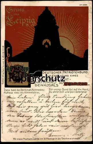 ALTE POSTKARTE VÖLKERSCHLACHTDENKMAL GRUSS AUS LEIPZIG PATRIOTENBUND Teufel Bruno Bürger & Ottillie Ansichtskarte cpa