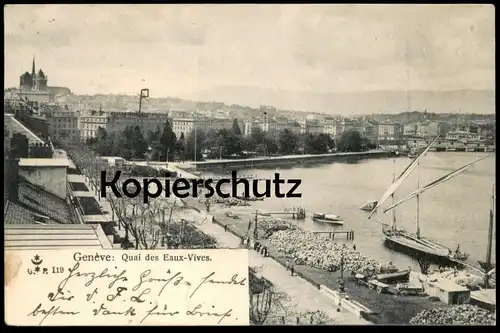 ALTE POSTKARTE GENÈVE QUAI DES EAUX-VIVES Hafen Frachtschiff Segler Schiff cargo sailing ship Ansichtskarte postcard cpa