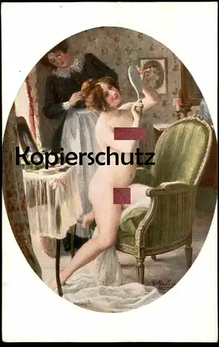 ALTE KÜNSTLER POSTKARTE CLAIRE MALIQUET IN FRONT OF THE DRESSING TABLE femme seins nus nude breast woman nudity postcard
