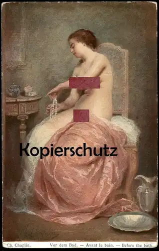 ALTE KÜNSTLER POSTKARTE CHARLES CHAPLIN VOR DEM BAD bath woman Frau femme seins nus nude breast woman nudity postcard