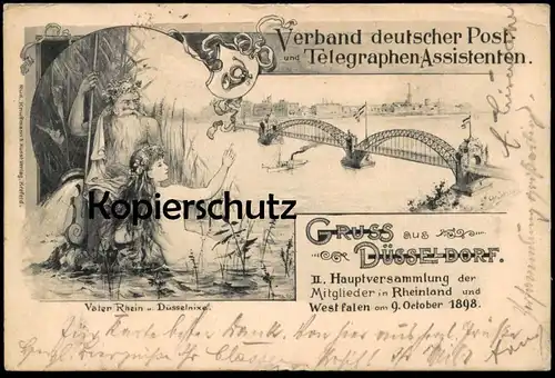ALTE POSTKARTE GRUSS AUS DÜSSELDORF 1898 VERBAND POSTASSISTENTEN NIXE MEERJUNGFRAU NEPTUN Oceaniden mermaid nude breast