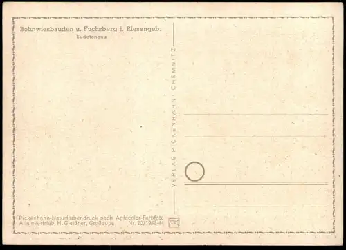 ALTE POSTKARTE BOHNWIESENBAUDE UND FUCHSBERG IM RIESENGEBIRGE SUDETENGAU nezka Sniezka Krkonose Karkonosze Sudeten cpa