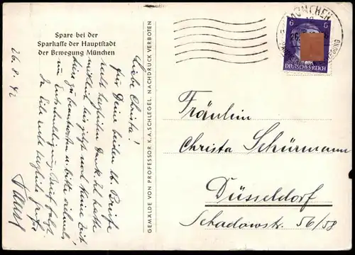 ALTE POSTKARTE SPARE BEI DER SPARKASSE DER HAUPTSTADT DER BEWEGUNG MÜNCHEN Bank banking Prof. Schlegel Opa Enkel Geld AK