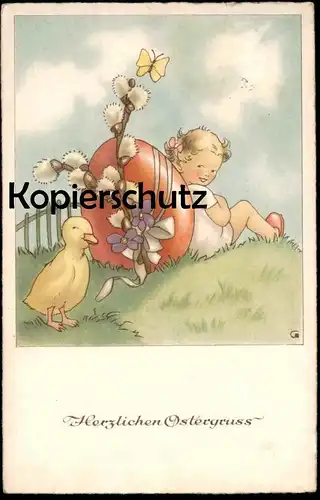 ALTE POSTKARTE HERZLICHEN OSTERGRUSS KÜKEN MÄDCHEN KIND WEIDENKÄTZCHEN EI Ostern Easter egg postcard cpa Ansichtskarte