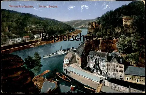 ALTE POSTKARTE HERRNSKRETSCHEN STATION SCHÖNA Hafen Schiff Ceska republika Czech Republic Ansichtskarte AK postcard cpa