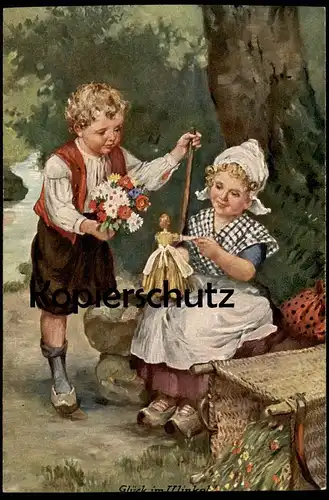 ALTE POSTKARTE KINDER MIT PUPPE UND BLUMENSTRAUSS children enfants doll poupée Ansichtskarte cpa postcard AK