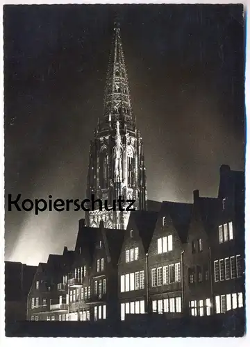ALTE POSTKARTE MÜNSTER WESTFALEN ANGESTRAHLTE LAMBERTIKIRCHE BEI NACHT FESTBELEUCHTUNG Ansichtskarte postcard cpa AK