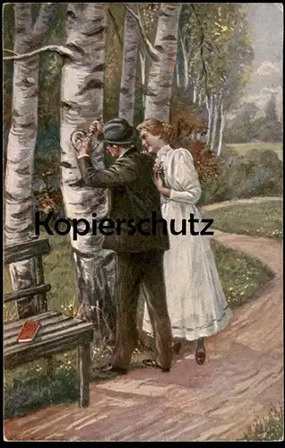 ALTE POSTKARTE LIEBESPAAR HERZ IN RINDE INITIALEN Bauminschrift Baum Inschrift tree inscription arbre couple postcard