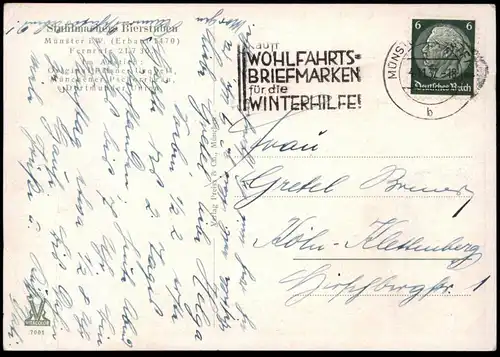 ALTE POSTKARTE MÜNSTER WESTFALEN 1937 STUHLMACHERS BIERSTUBEN STUHLMACHER Ansichtskarte postcard cpa AK