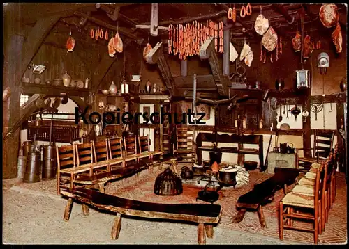 ÄLTERE POSTKARTE MÜNSTER WESTFALEN FREILICHTMUSEUM HERDSTELLE FLETT IM MÜHLENHAUS SCHINKEN WURST Ansichtskarte postcard