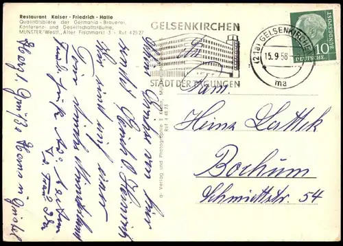 ALTE POSTKARTE RESTAURANT KAISER-FRIEDRICH-HALLE MÜNSTER WESTFALEN BIERE DER GERMANIA BRAUEREI Ansichtskarte postcard AK