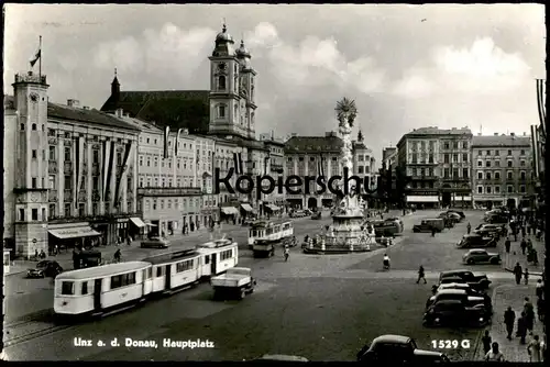 ALTE POSTKARTE LINZ HAUPTPLATZ AUTOS LKW AUTO FLAGGEN STRASSENBAHN tram tramway cpa postcard AK Ansichtskarte