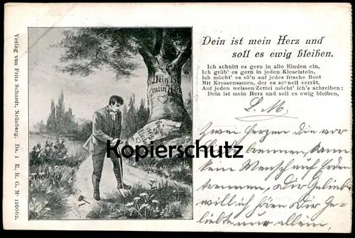 ALTE POSTKARTE DEIN SEI MEIN HERZ UND SOLL ES EWIG BLEIBEN LIEBE INITIALIEN RINDE BAUMINSCHRIFT tree inscription cpa AK