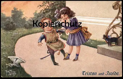 ALTE KÜNSTLER POSTKARTE ARTHUR THIELE TRISTAN UND ISOLDE KINDER BABY FLASCHE KATZE cat chat Ansichtskarte postcard cpa