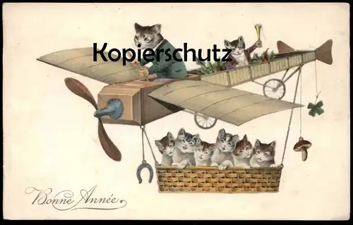 ALTE POSTKARTE KATZEN VERMENSCHLICHT PILOT KATZENKINDER NEUJAHR plane avion airplane cat cats chat chats cpa postcard