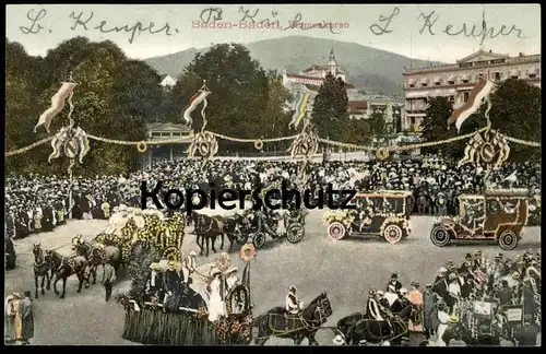 ALTE POSTKARTE BADEN-BADEN BLUMENKORSO 1911 KORSO BLUMEN PARADE Auto Kutsche Autos car cars Ansichtskarte postcard cpa