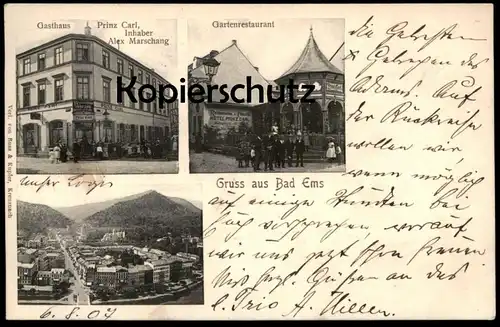 ALTE POSTKARTE GASTHAUS PRINZ CARL INHABER ALEX MARSCHANG GARTENRESTAURANT BAD EMS Ansichtskarte cpa postcard AK