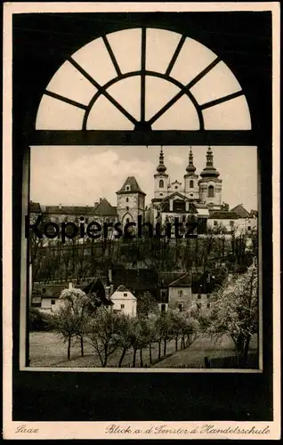 ALTE POSTKARTE SAAZ BLICK AUS DEM FENSTER DER HANDELSSCHULE Zatec school Tschechien Tschechische Repulik postcard