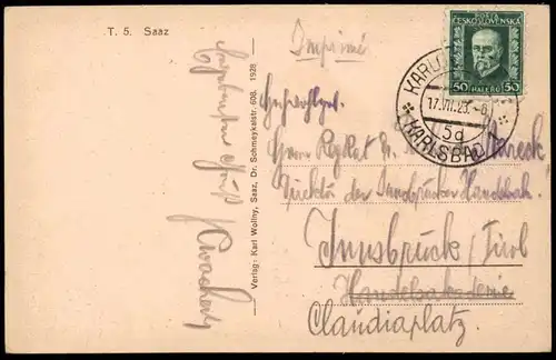 ALTE POSTKARTE SAAZ BLICK AUS DEM FENSTER DER HANDELSSCHULE Zatec school Tschechien Tschechische Repulik postcard