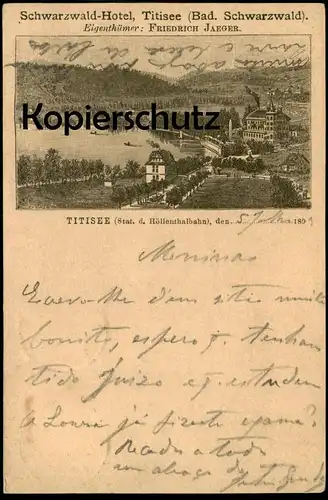 ALTE VORLÄUFER LITHO POSTKARTE SCHWARZWALD HOTEL TITISEE 1893 EIGENTÜMER FRIEDRICH JÄGER cpa postcard Ansichtskarte