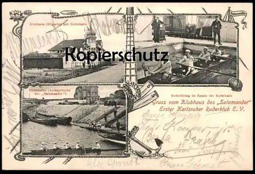 ALTE POSTKARTE GRUSS VOM KLUBHAUS DES SALAMANDER ERSTER KARLSRUHER RUDERCLUB KARLSRUHE ANLEGERPRITSCHE RUDERHALLE AK cpa