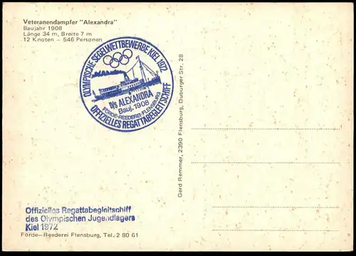 ÄLTERE POSTKARTE OLYMPIA 1972 REGATTABEGLEITSCHIFF VETERANENDAMPFER SS ALEXANDRA steam ship Schiff Stempel cpa
