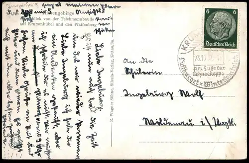 ALTE POSTKARTE KRUMMHÜBEL RIESENGEBIRGE KARPACZ FERNBLICK VON DER TEICHMANNBAUDE Karkonosze Krkonose Ansichtskarte cpa