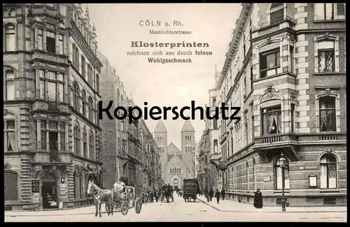 ALTE POSTKARTE CÖLN MAASTRICHTER STRASSE MAGGI SCHILD KUTSCHE MÖBELFABRIK BOVENSCHEN DECORATIONSGESCHÄFT Köln AK