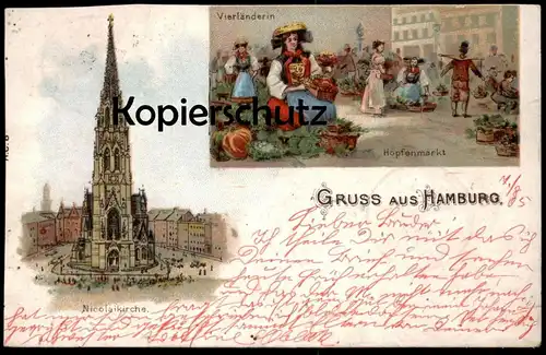 ALTE LITHO POSTKARTE GRUSS AUS HAMBURG HOPFENMARKT VIERLÄNDERIN NICOLAIKIRCHE Ansichtskarte cpa AK postcard