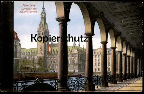 ALTE POSTKARTE HAMBURG RATHAUS MIT ALSTERARKADEN FLAGGE MIT WAPPEN ARKADEN Ansichtskarte postcard AK cpa