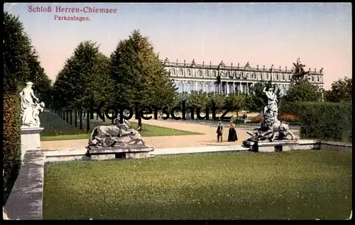 ALTE POSTKARTE SCHLOSS HERREN-CHIEMSEE PARKANLAGEN Löwen Löwe Park Herrenchiemsee parc garden castle chateau postcard AK