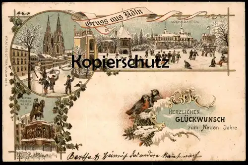 ALTE WINTER LITHO POSTKARTE GRUSS AUS CÖLN VOLKSGARTEN SCHNEEMANN DOM DENKMAL NEUJAHR KÖLN Ansichtskarte AK cpa postcard