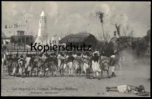 ALTE POSTKARTE AETHIOPIEN KAMPFSCENE CARL HAGENBECK'S TIERPARK STELLINGEN-HAMBURG Kampf Theater circus cirque boys