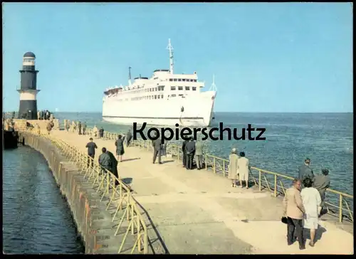 ÄLTERE POSTKARTE WARNEMÜNDE MOLE MIT MS WARNEMÜNDE FÄHRE ferry Schiff Motorschiff ship bateau Sonderstempel postcard cpa